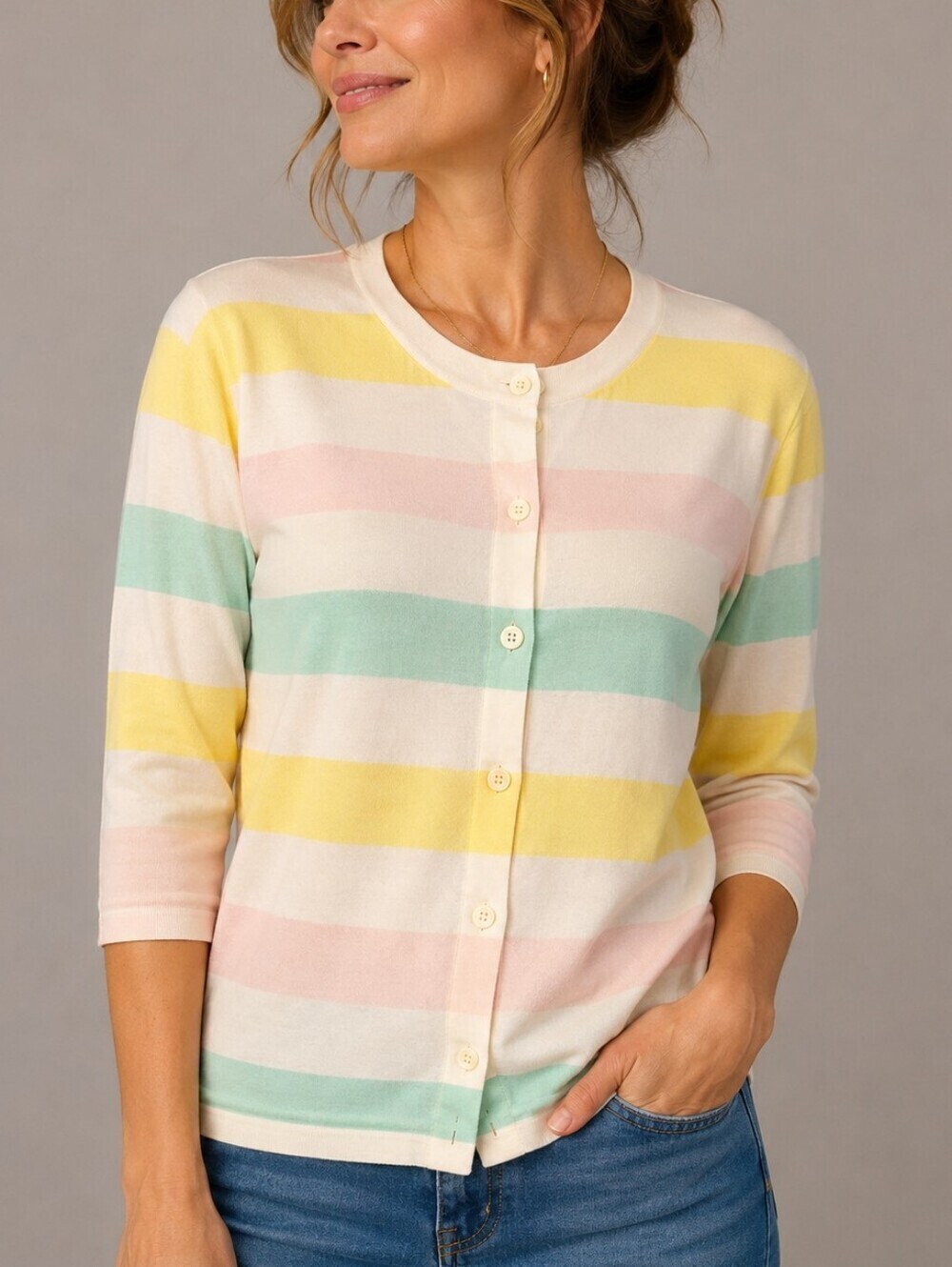 Vtg 1980s Pastel Striped Button Down Half Sleeve Blouse